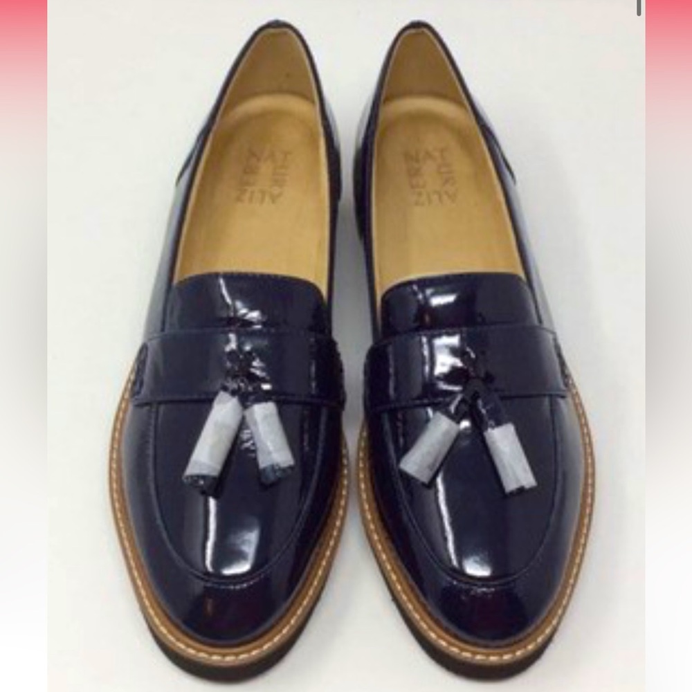 Naturalizer Navy Patent Leather Flats with Tassels and Slight Platform